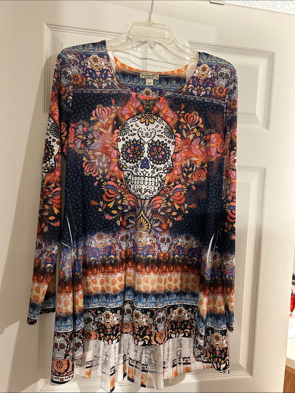 ONE WORLD Navy Long Sleeve Sugar Skull Floral Tunic with Orange Accents